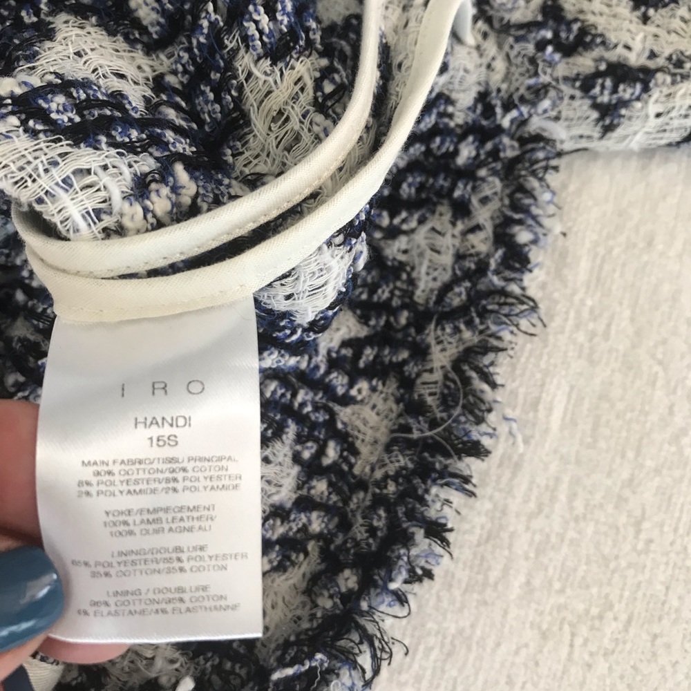 IRO blue/white diamond pattern jacket with white  lamb leather trim, frayed edge - Picture 12 of 13